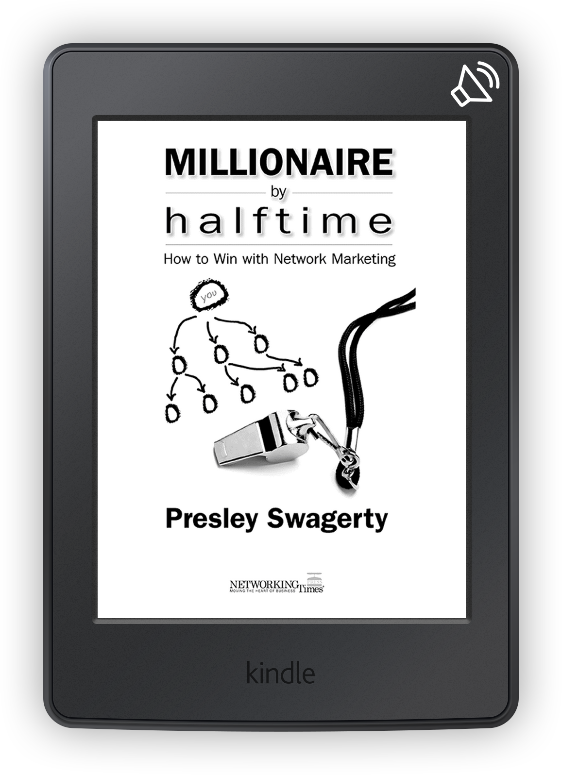 Photo of Kindle tablet with Millionaire by Halftime Audiobook cover